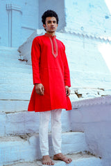 SPACE RED SATIN KURTA WITH ZARI EMBROIDERED COLLAR & YOKE PATTI