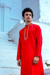 SPACE RED SATIN KURTA WITH ZARI EMBROIDERED COLLAR & YOKE PATTI
