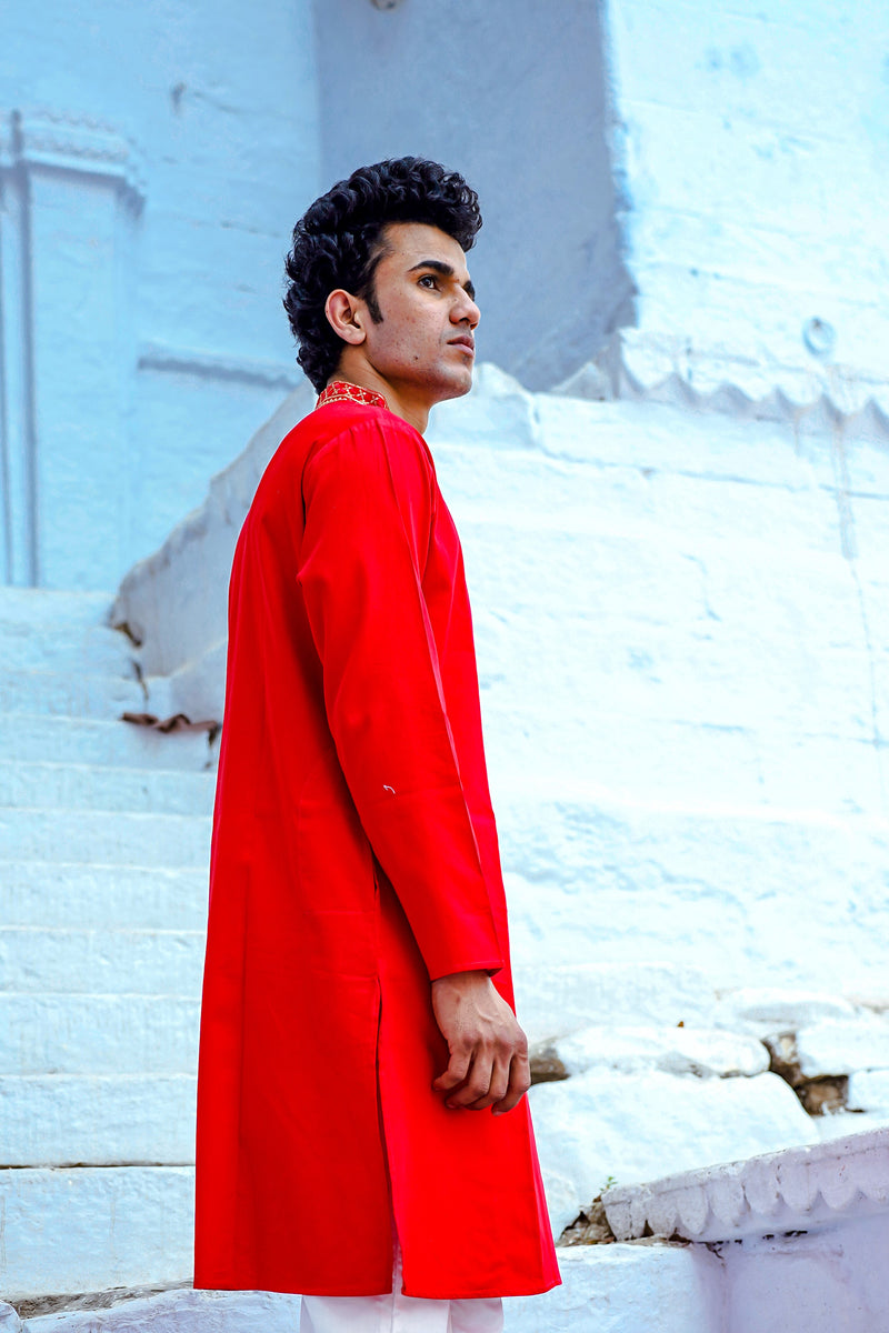 SPACE RED SATIN KURTA WITH ZARI EMBROIDERED COLLAR & YOKE PATTI