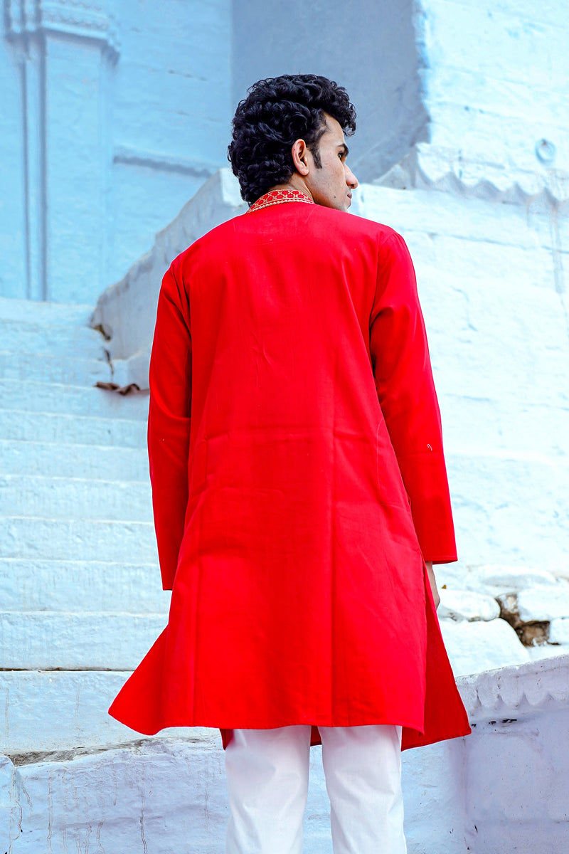 SPACE RED SATIN KURTA WITH ZARI EMBROIDERED COLLAR & YOKE PATTI