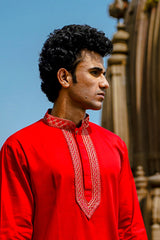 SPACE RED SATIN KURTA WITH ZARI EMBROIDERED COLLAR & YOKE PATTI