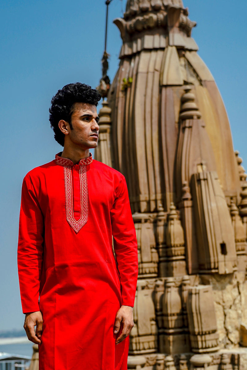 SPACE RED SATIN KURTA WITH ZARI EMBROIDERED COLLAR & YOKE PATTI