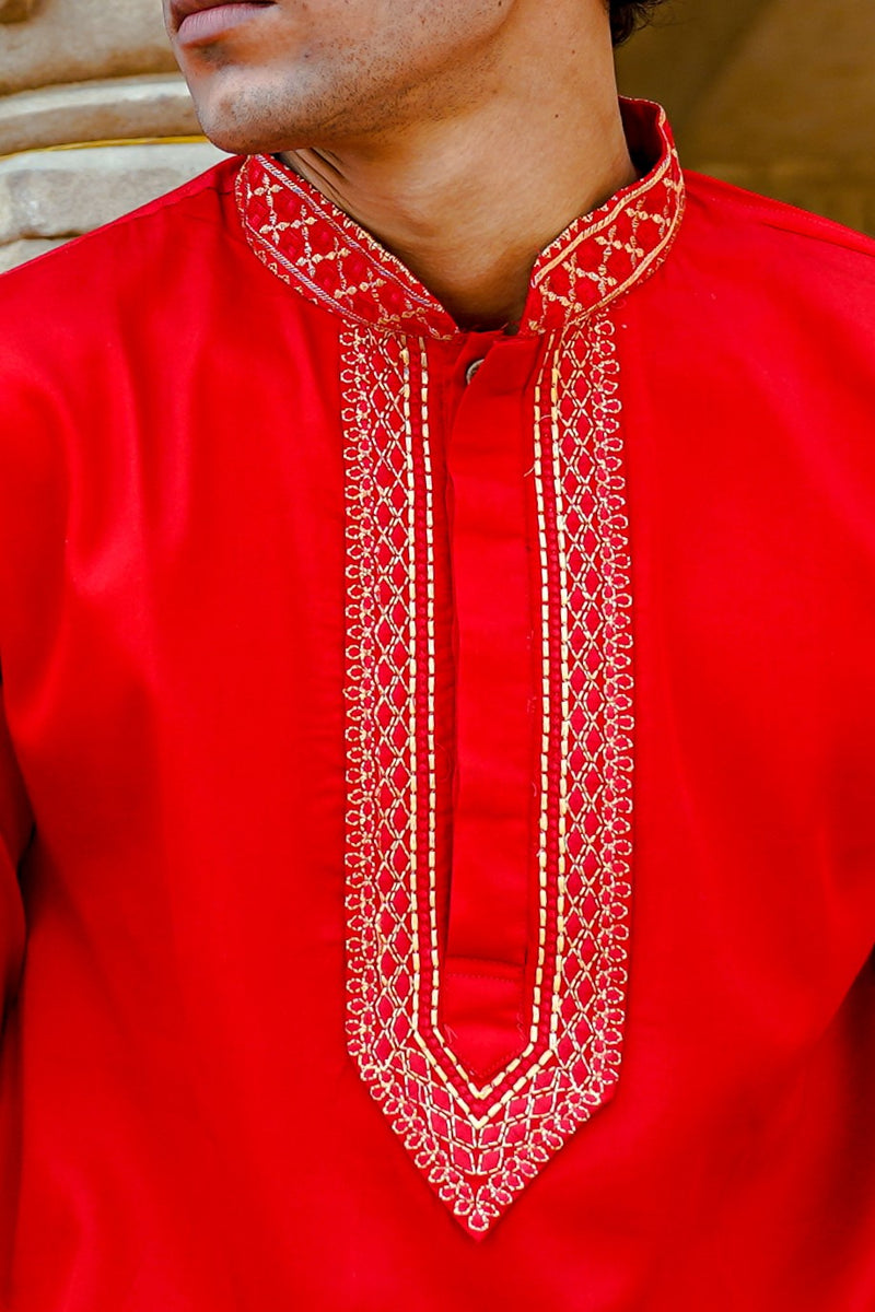 SPACE RED SATIN KURTA WITH ZARI EMBROIDERED COLLAR & YOKE PATTI
