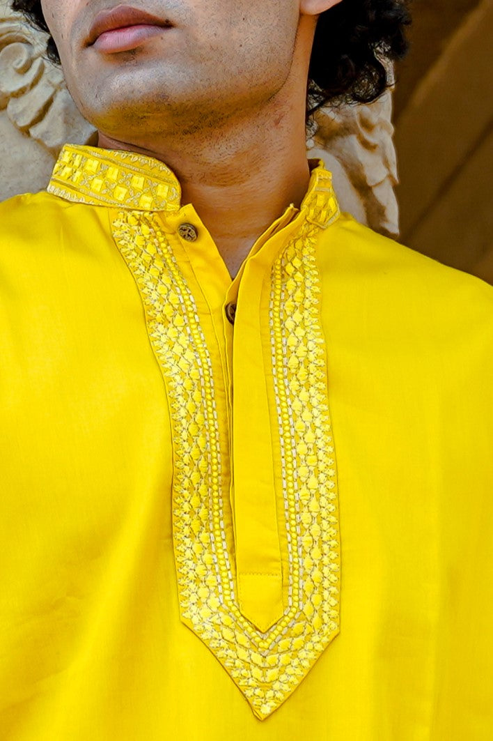Be Desi Yellow Kurta with neck embroidery  close up view