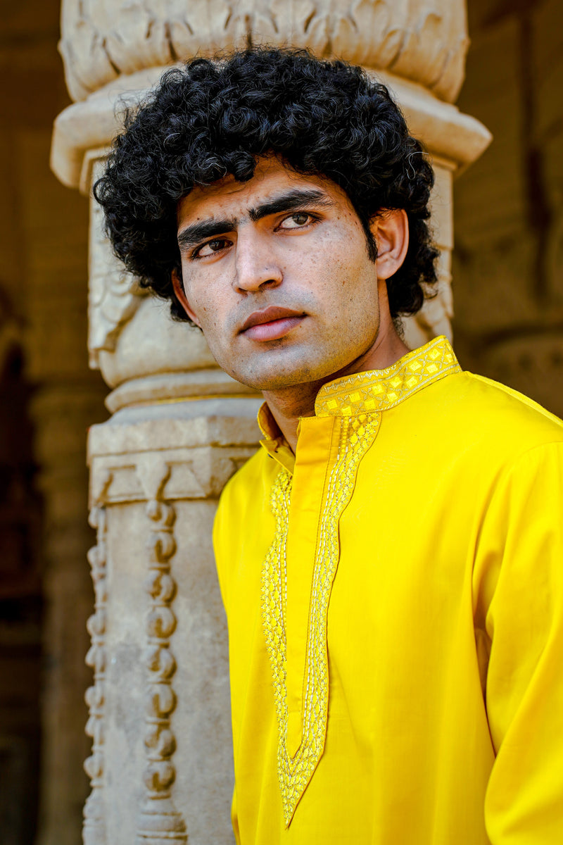 Be Desi Yellow Kurta with neck embroidery 
