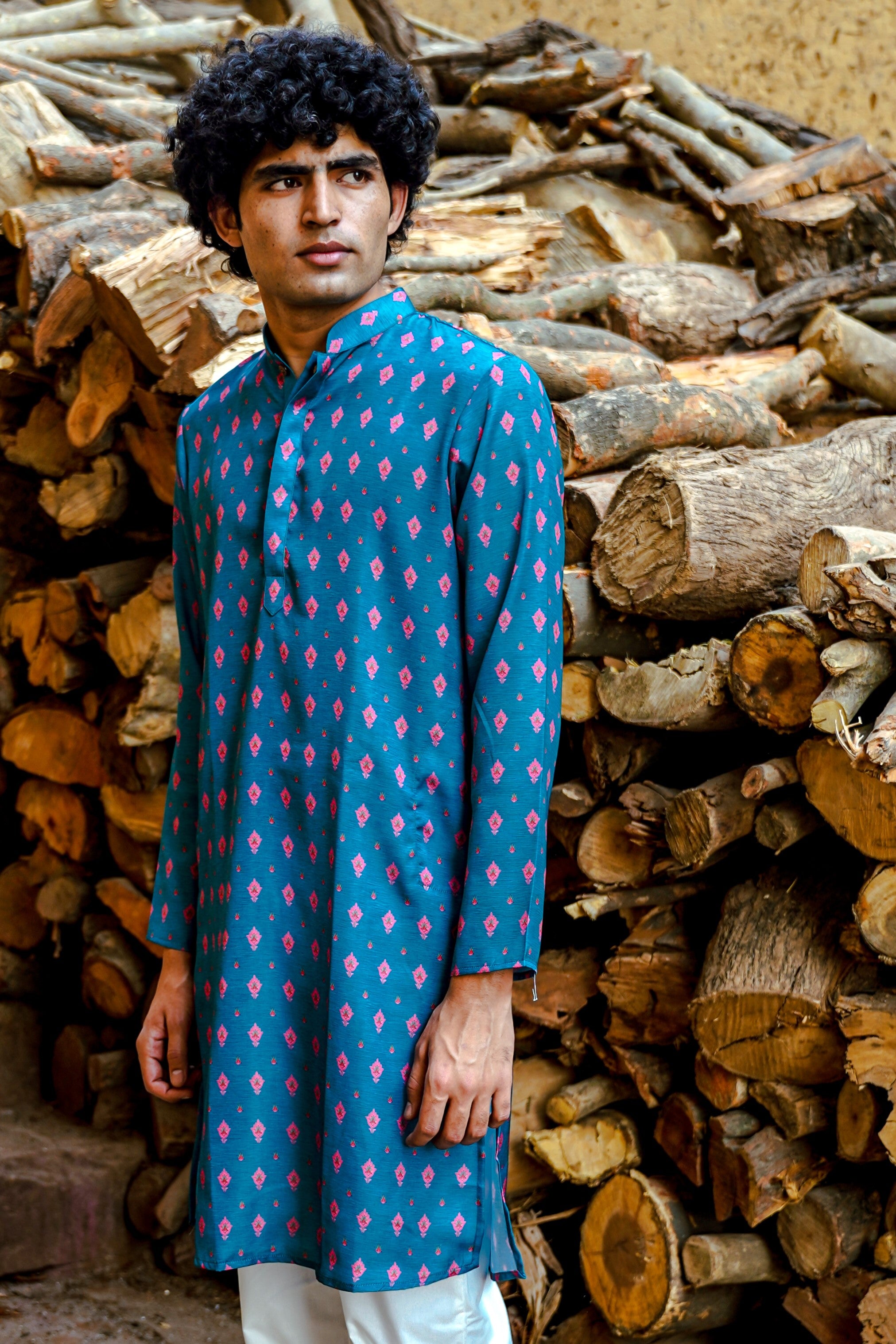 TURQUOISE BLUE WITH PINK MOTIF PRINTED REGULAR FIT MODAL KURTA