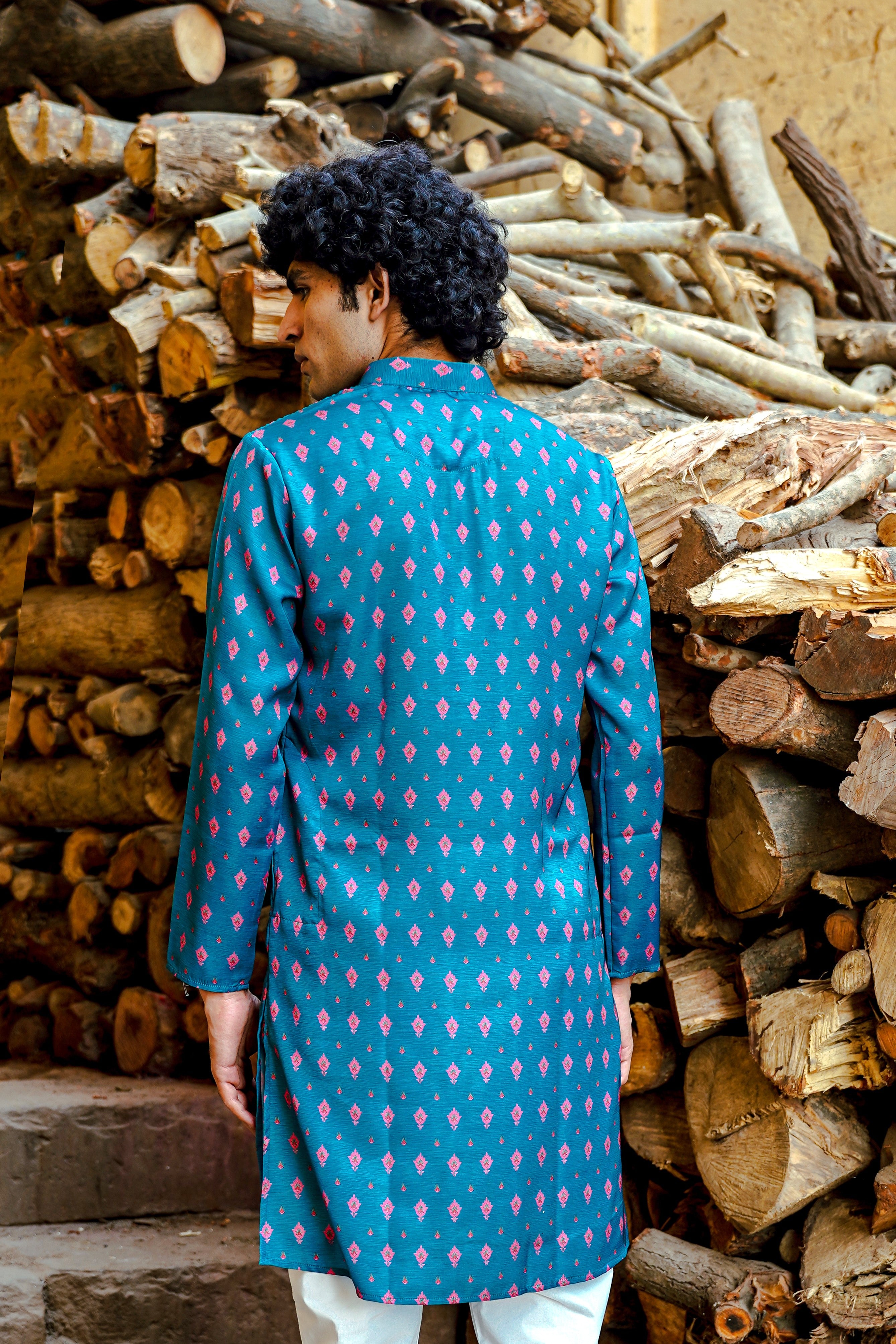 TURQUOISE BLUE WITH PINK MOTIF PRINTED REGULAR FIT MODAL KURTA