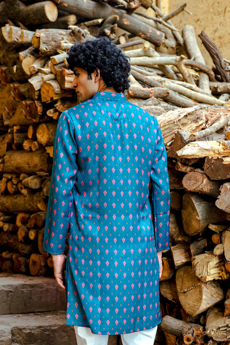 TURQUOISE BLUE WITH PINK MOTIF PRINTED REGULAR FIT MODAL KURTA