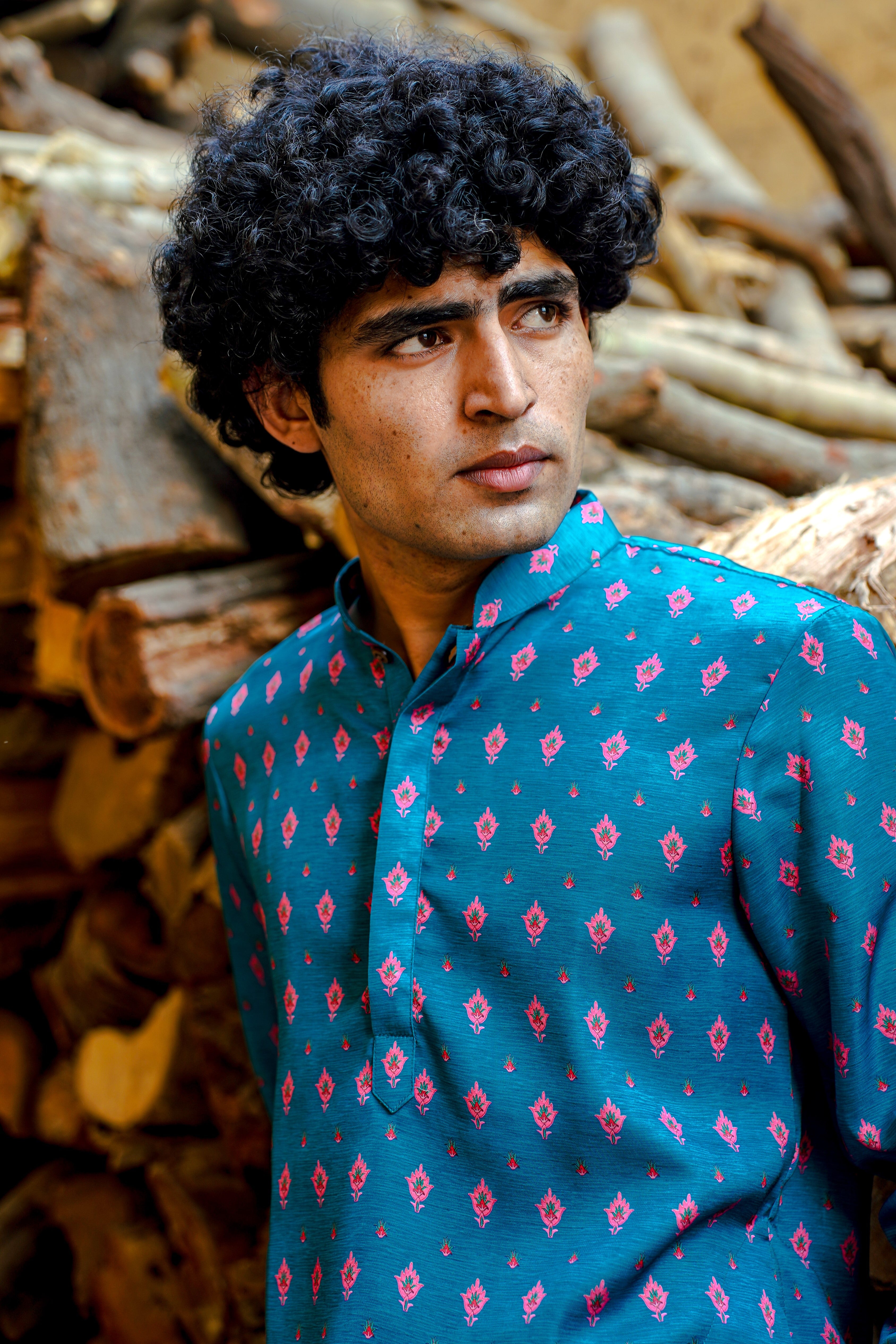 TURQUOISE BLUE WITH PINK MOTIF PRINTED REGULAR FIT MODAL KURTA