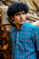 TURQUOISE BLUE WITH PINK MOTIF PRINTED REGULAR FIT MODAL KURTA