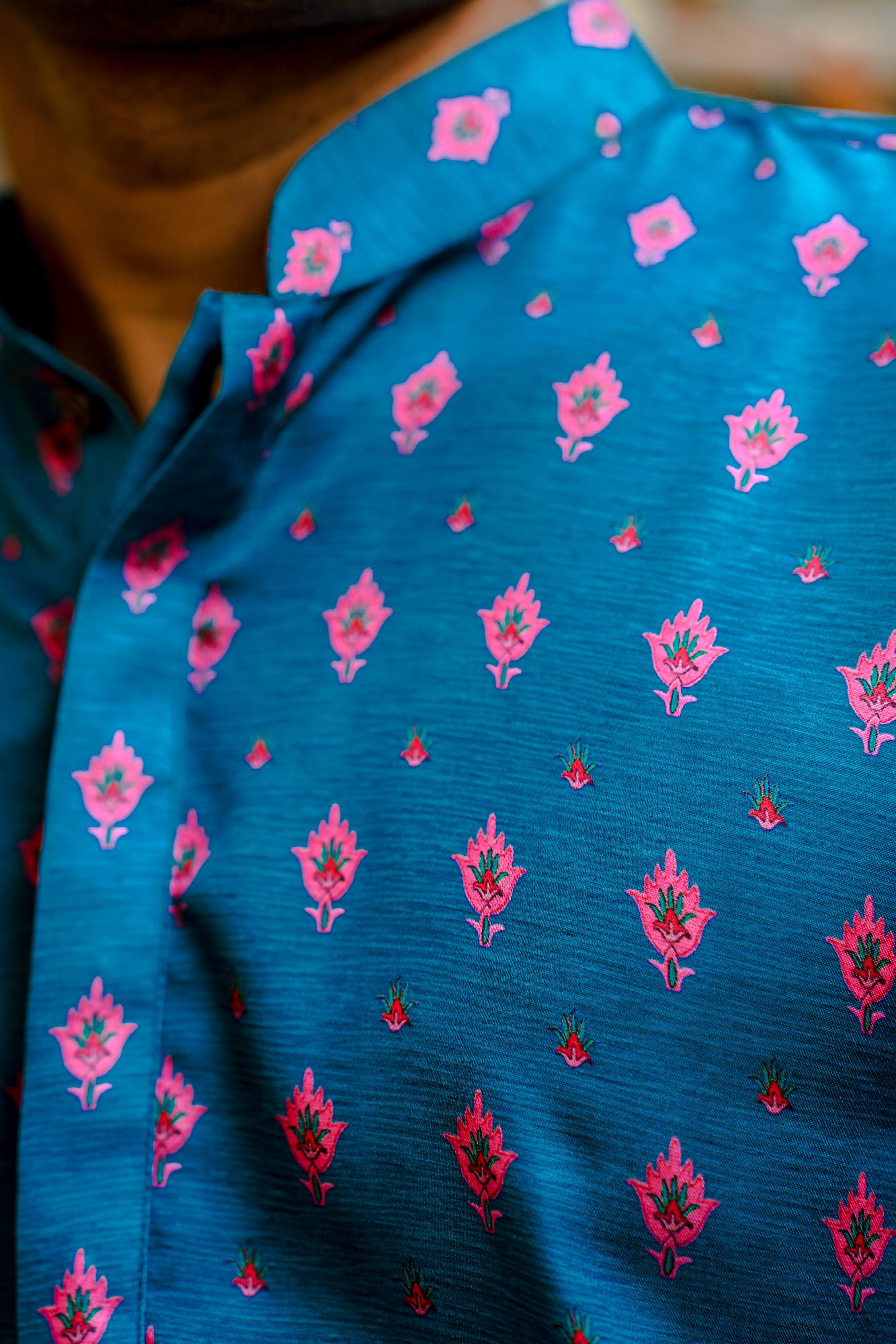 TURQUOISE BLUE WITH PINK MOTIF PRINTED REGULAR FIT MODAL KURTA