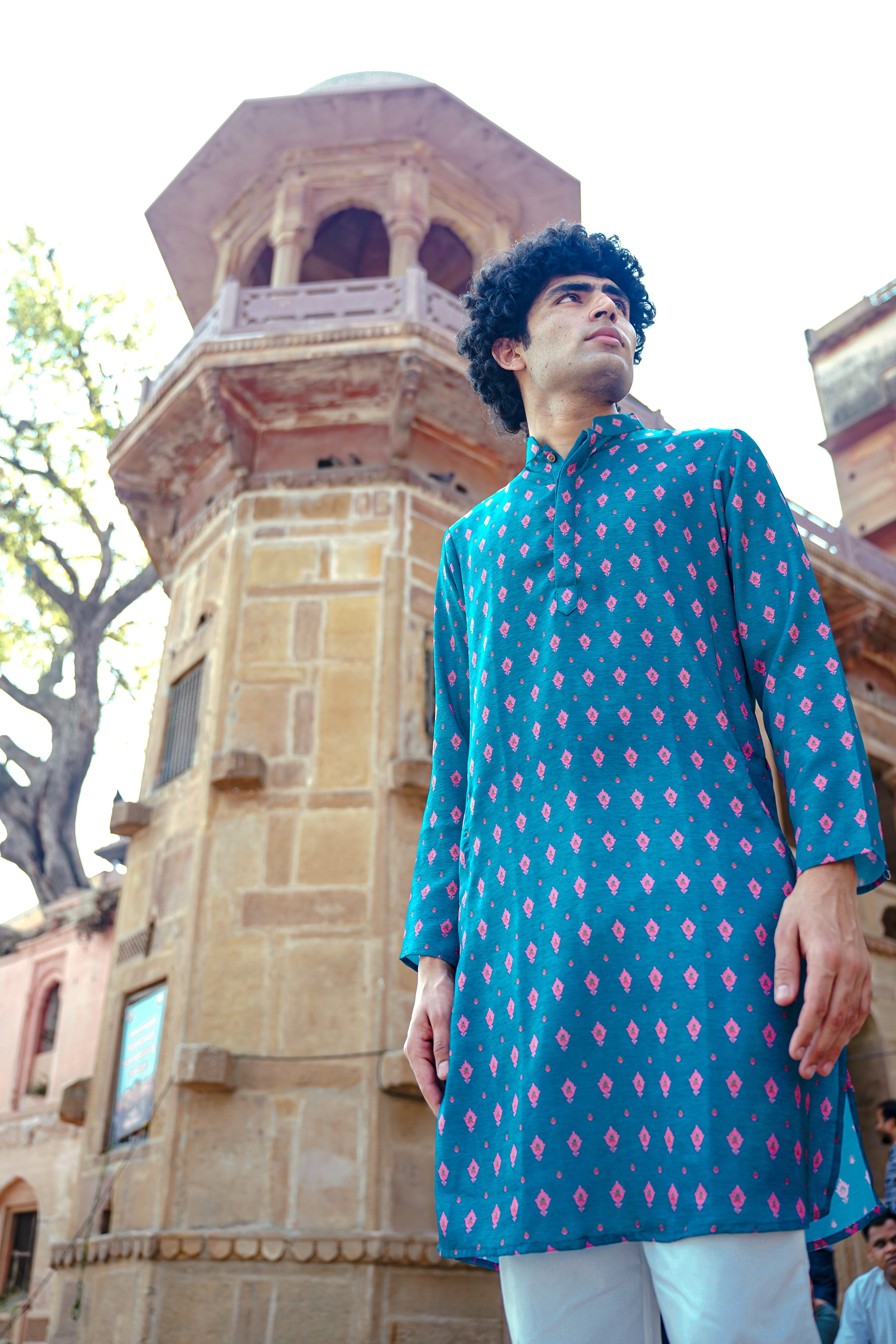 TURQUOISE BLUE WITH PINK MOTIF PRINTED REGULAR FIT MODAL KURTA