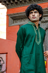 Be Desi Bottle green kurta with neck embroidery kurta pyjama set front view