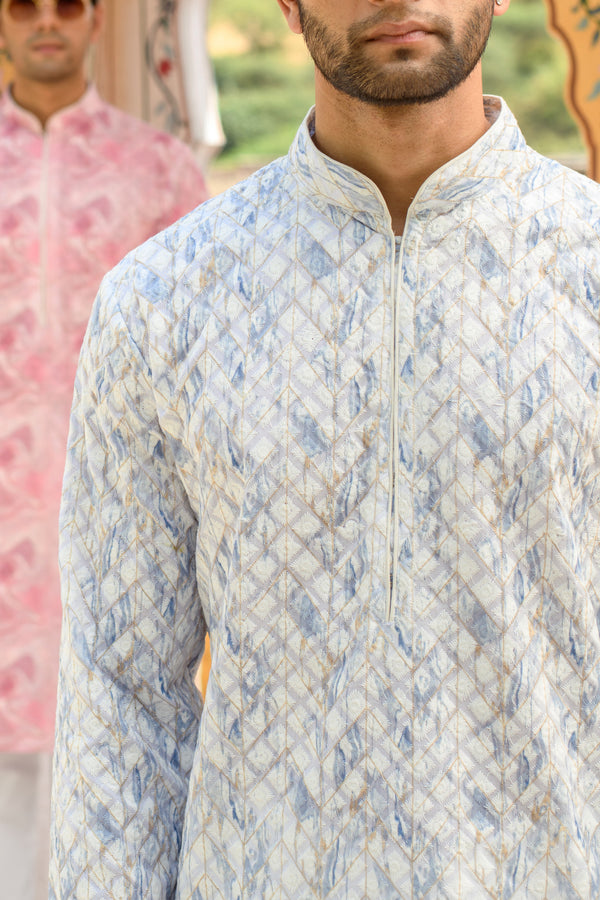 IVORY & BLUE EMBROIDERED GEOMETRIC DESIGN KURTA SET WITH CONTRAST NECK PIPING DETAIL