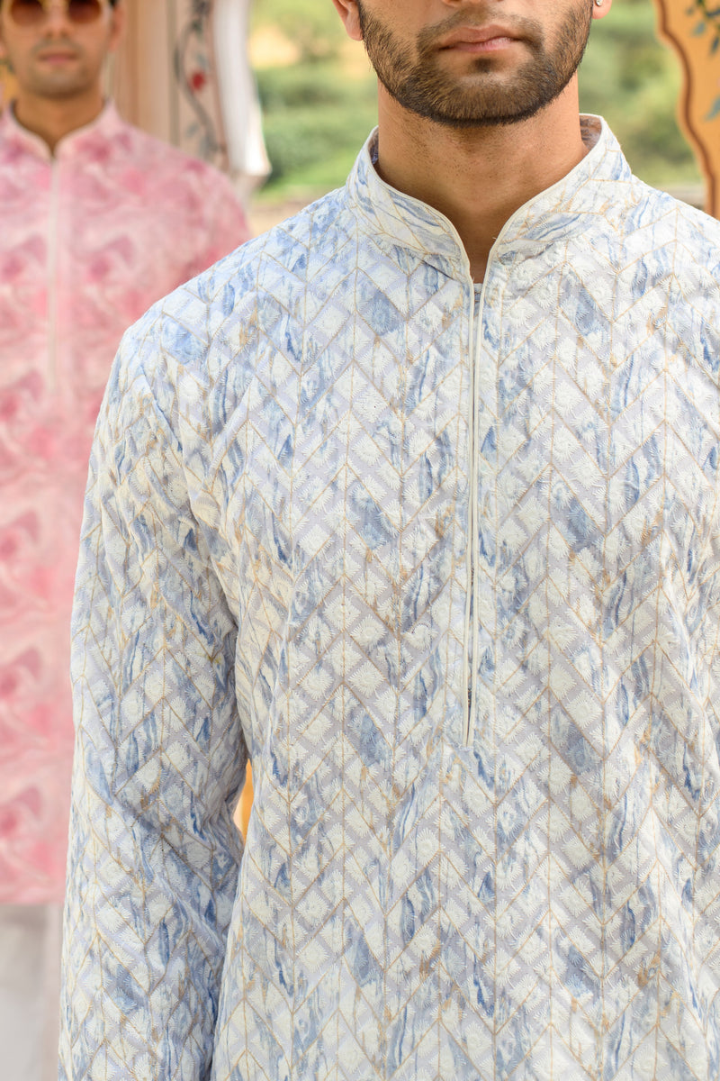 IVORY & BLUE EMBROIDERED GEOMETRIC DESIGN KURTA SET WITH CONTRAST NECK PIPING DETAIL