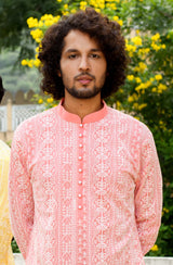 Close up view of Be Desi Men's Chikankari Kurta Pajama Set