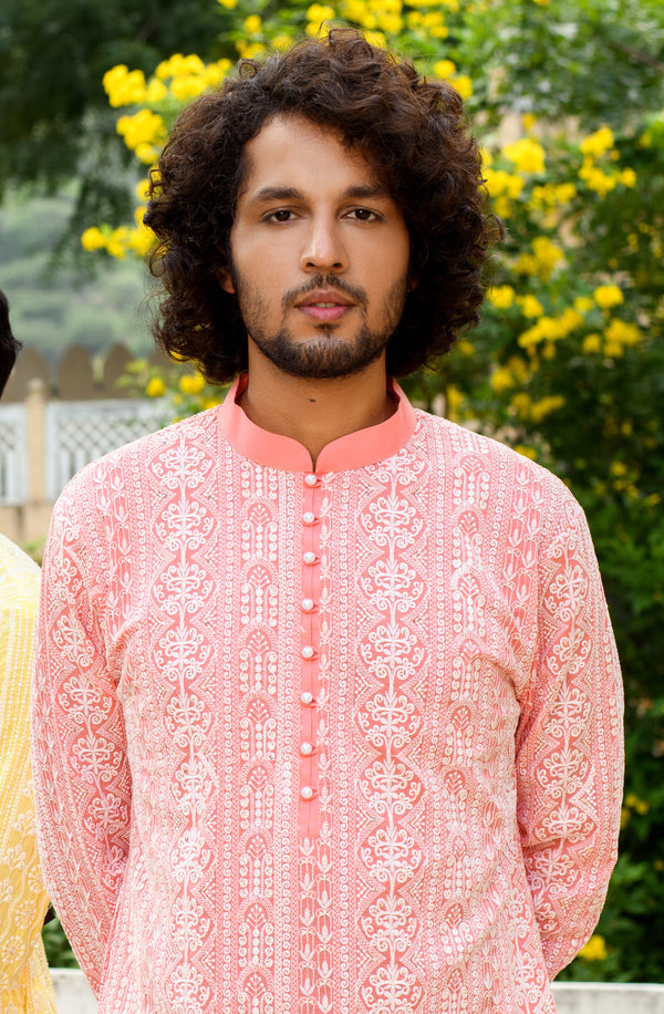 Close up view of Be Desi Men's Chikankari Kurta Pajama Set