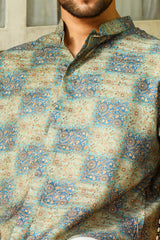 BLUE CHECKERBOARD OMBRE FLORAL PRINTED SHORT BUTTON UP KURTA