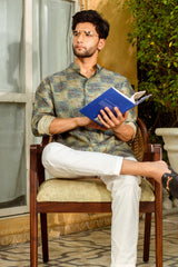 BLUE CHECKERBOARD OMBRE FLORAL PRINTED SHORT BUTTON UP KURTA