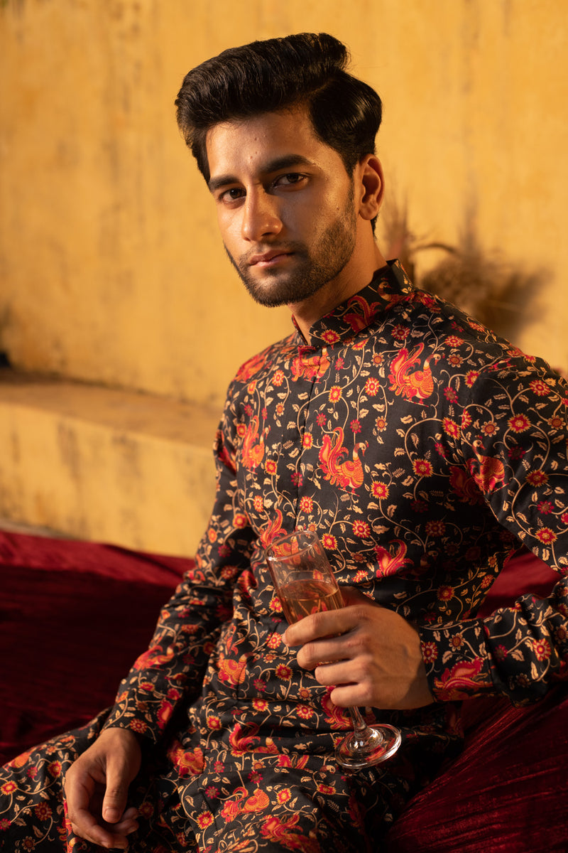 BLACK INDIE PRINTED CO-ORDINATED KURTA PYJAMA SET