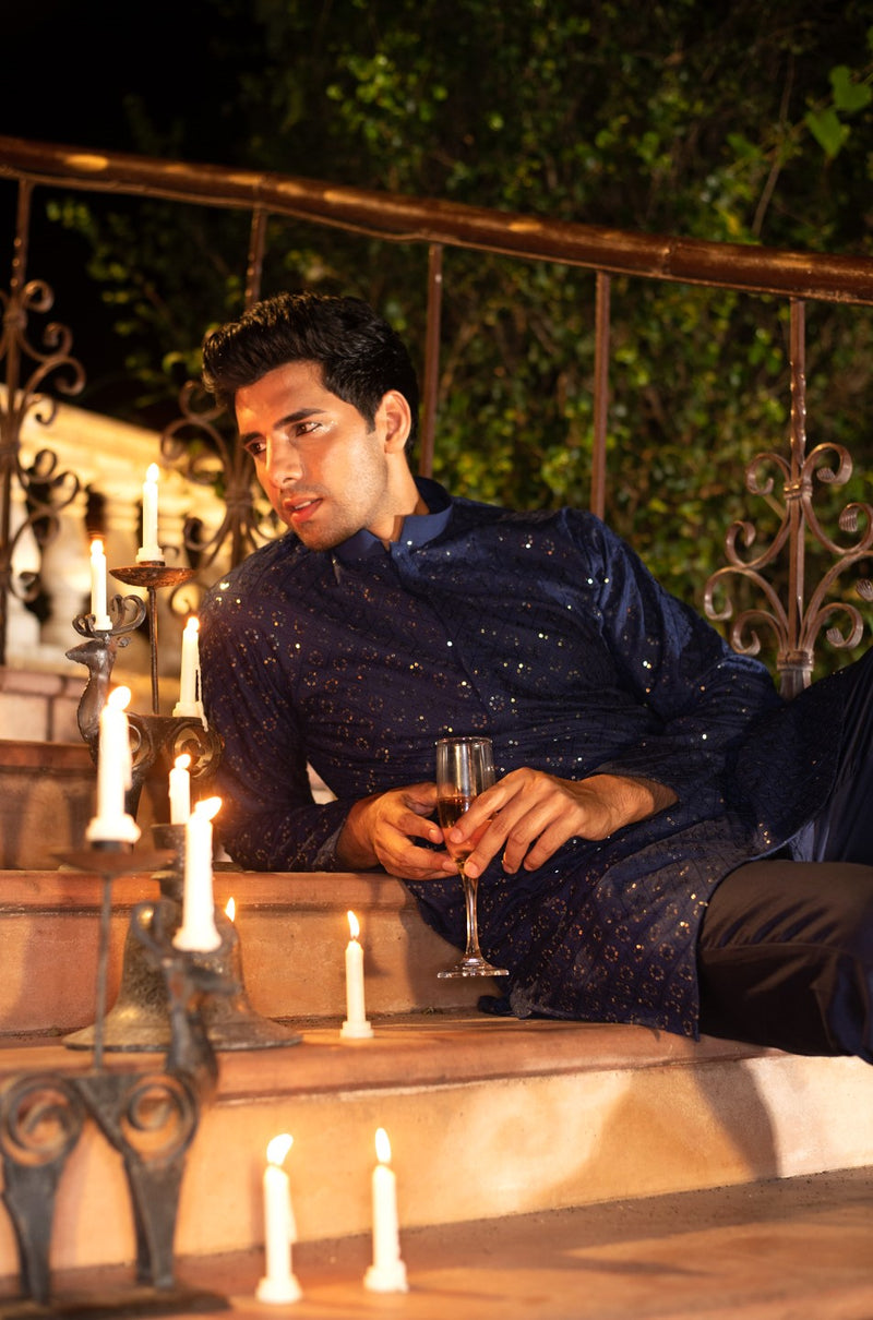 EMBROIDERED ROYAL BLUE KURTA PYJAMA SET WITH ALL OVER SEQUIN DESIGN
