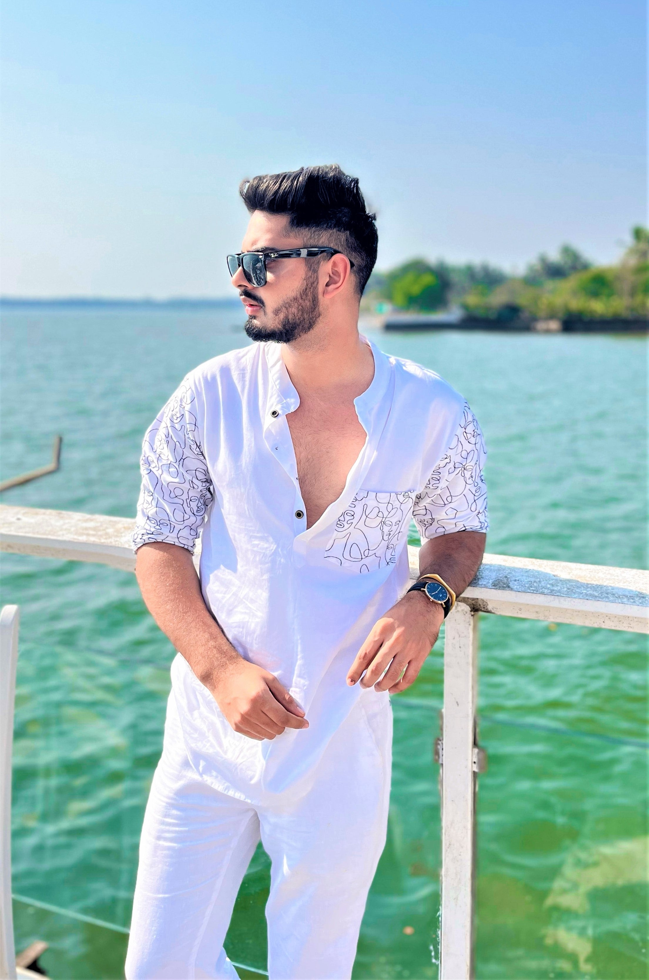WHITE SATIN 4 POCKETED SHACKET WITH SHORT KURTA & PYJAMA SET