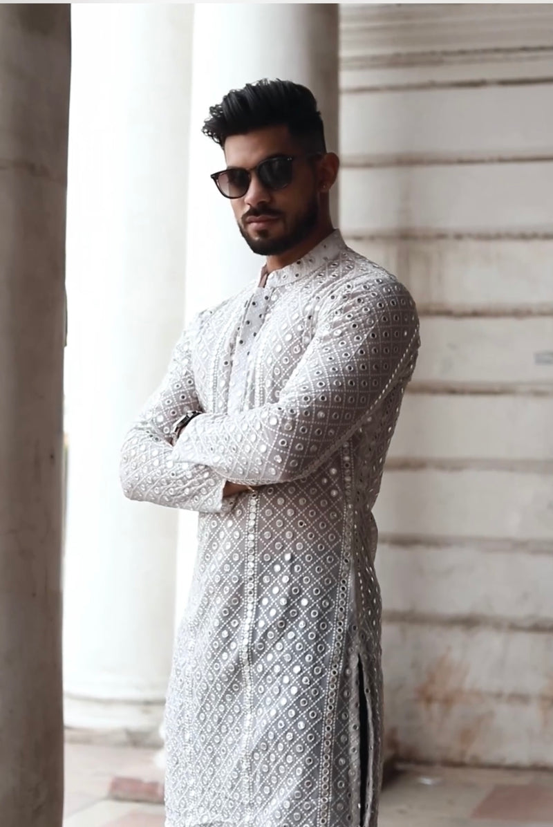 WHITE MIRROR ABLA GEORGETTE CHIKANKARI FESTIVE KURTA PYJAMA SET