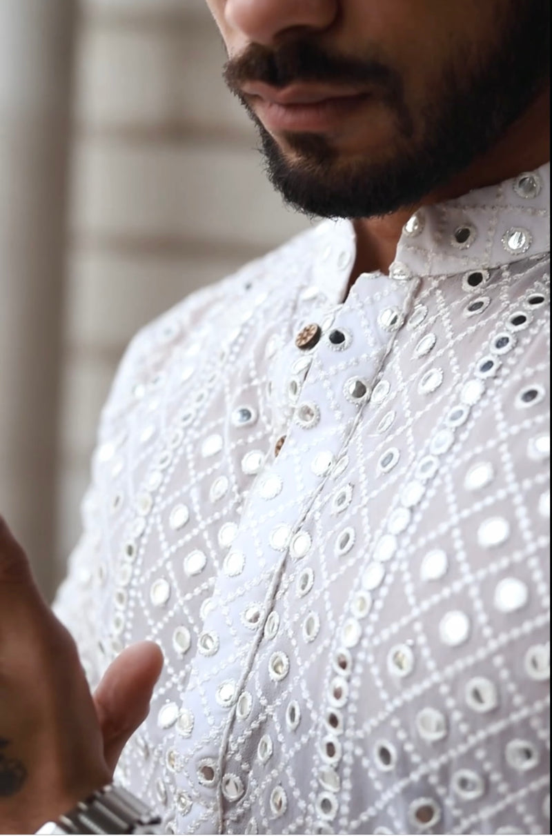 WHITE MIRROR ABLA GEORGETTE CHIKANKARI FESTIVE KURTA PYJAMA SET