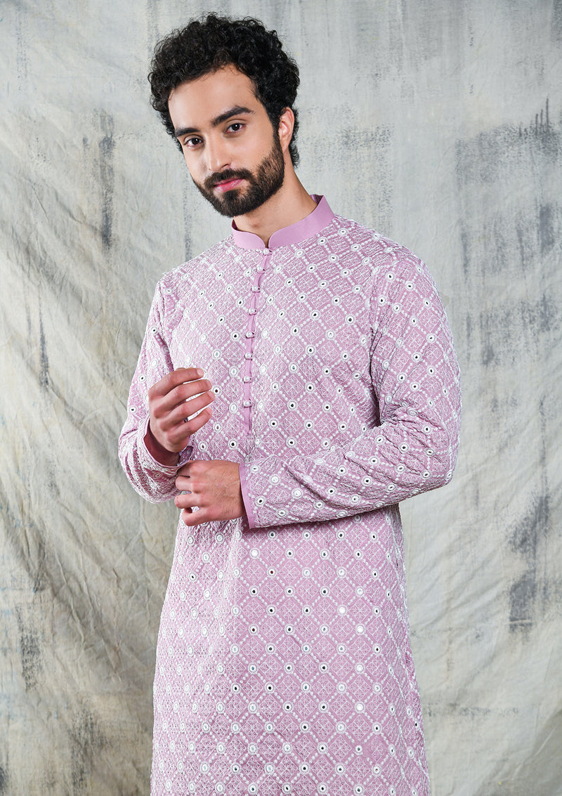 MAUVE ORCHID MIRROR ABLA EMBROIDERED KURTA SET WITH PEARL BUTTON DETAIL