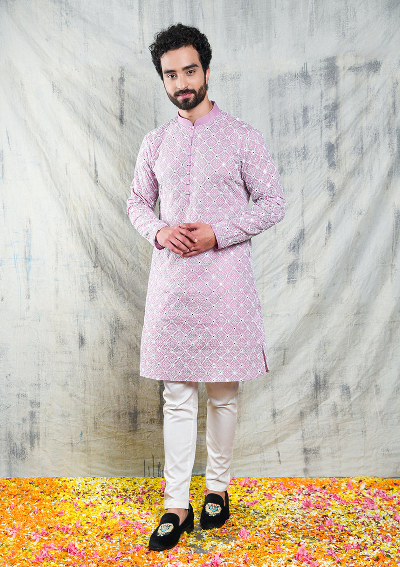 MAUVE ORCHID MIRROR ABLA EMBROIDERED KURTA SET WITH PEARL BUTTON DETAIL