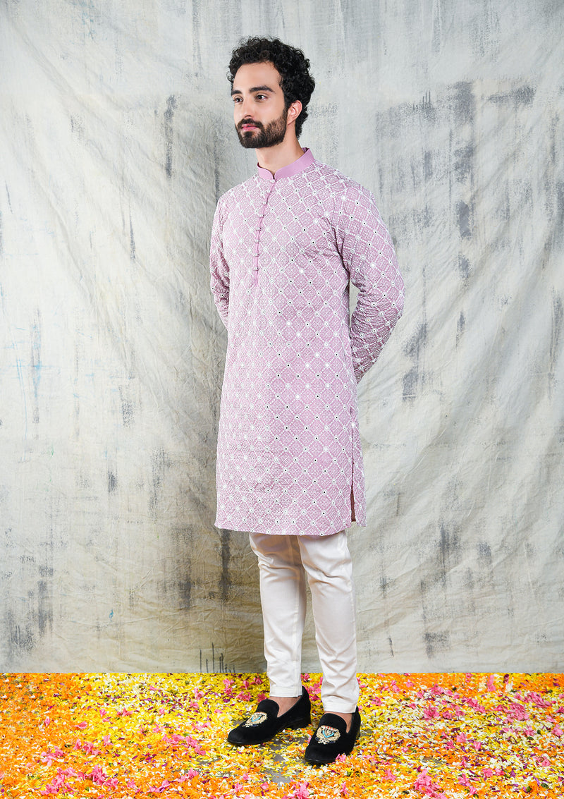 MAUVE ORCHID MIRROR ABLA EMBROIDERED KURTA SET WITH PEARL BUTTON DETAIL