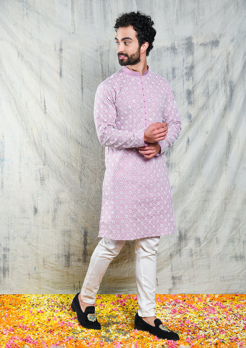 MAUVE ORCHID MIRROR ABLA EMBROIDERED KURTA SET WITH PEARL BUTTON DETAIL