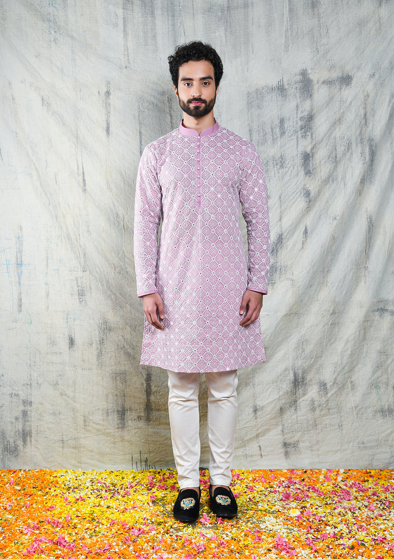 MAUVE ORCHID MIRROR ABLA EMBROIDERED KURTA SET WITH PEARL BUTTON DETAIL