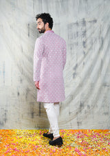 MAUVE ORCHID MIRROR ABLA EMBROIDERED KURTA SET WITH PEARL BUTTON DETAIL