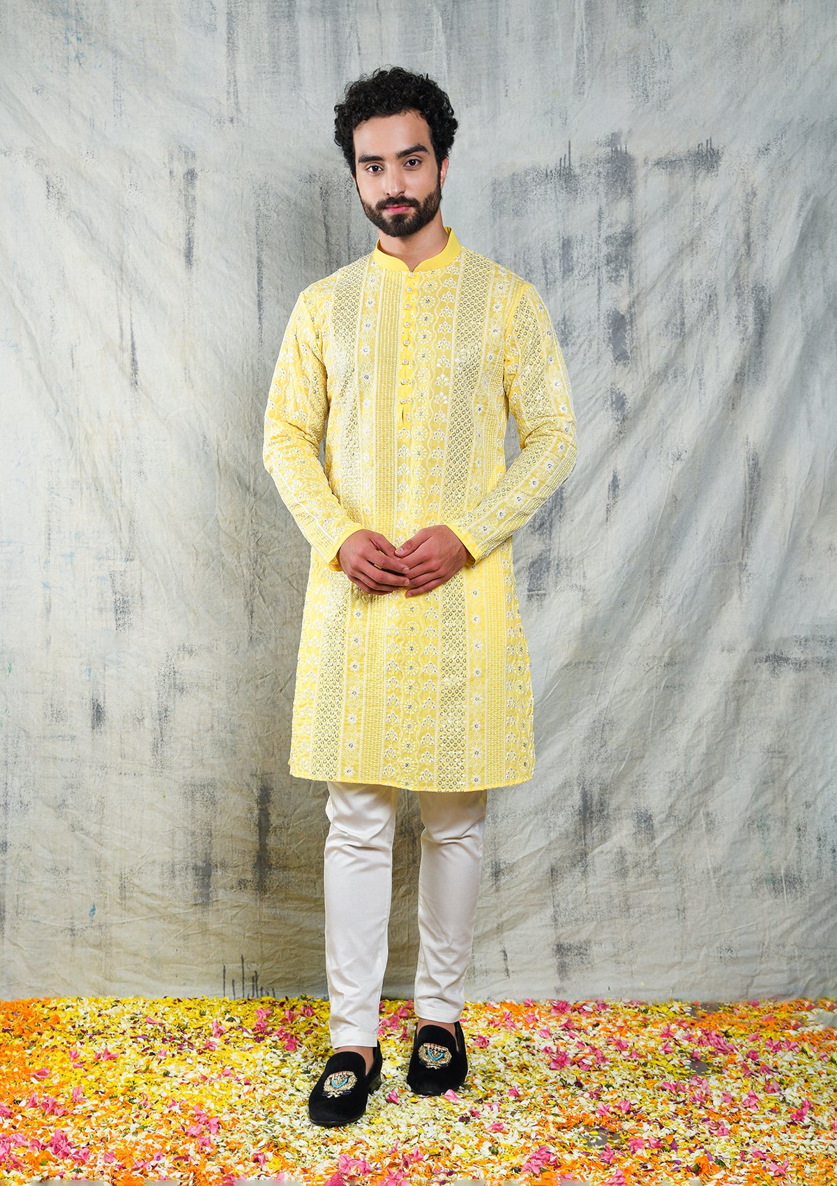 Be Desi Men's Haldi yellow chikan kurta with sequins embroidery work
