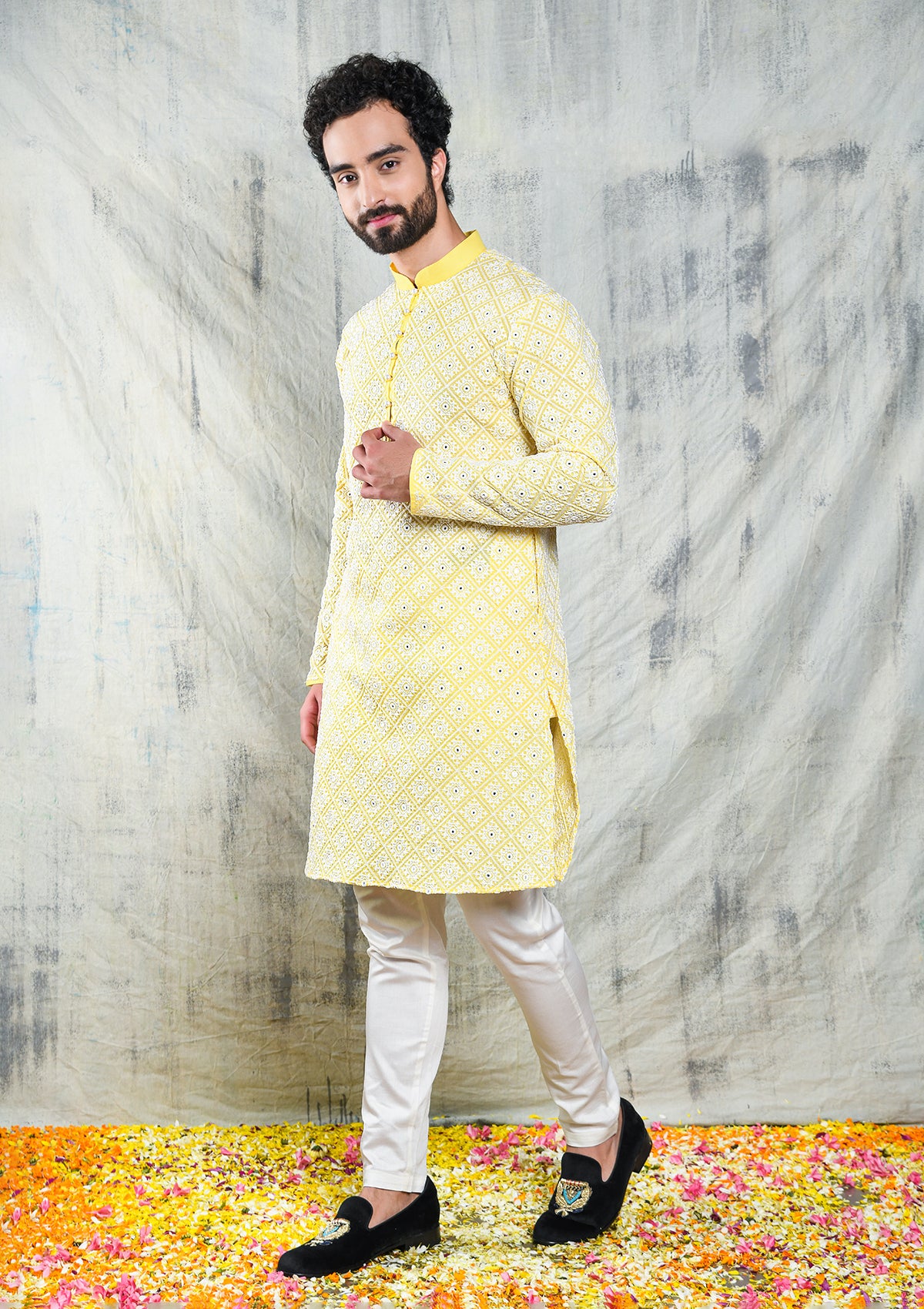 Be Desi men's mirror work chikankari kurta for haldi ceremonies