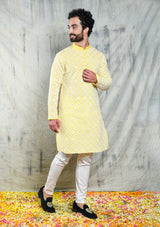 Be Desi yellow mirror work sequins embroidery kurta