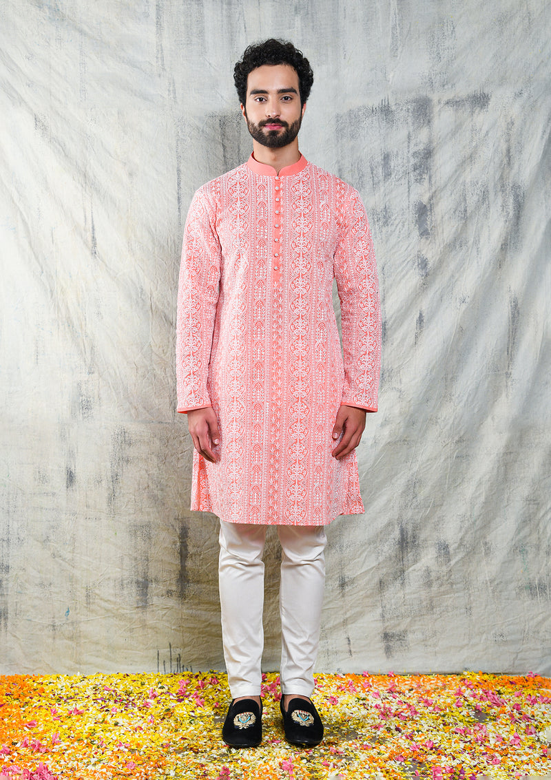 Be Desi pink men's designer kurta with sequins embroidery work