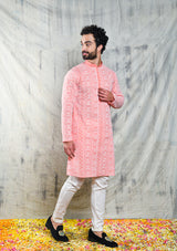 Be Desi pink men's designer kurta with sequins embroidery work
