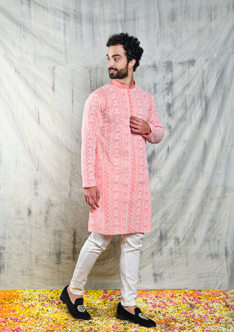 Be Desi pink men's designer kurta with sequins embroidery work