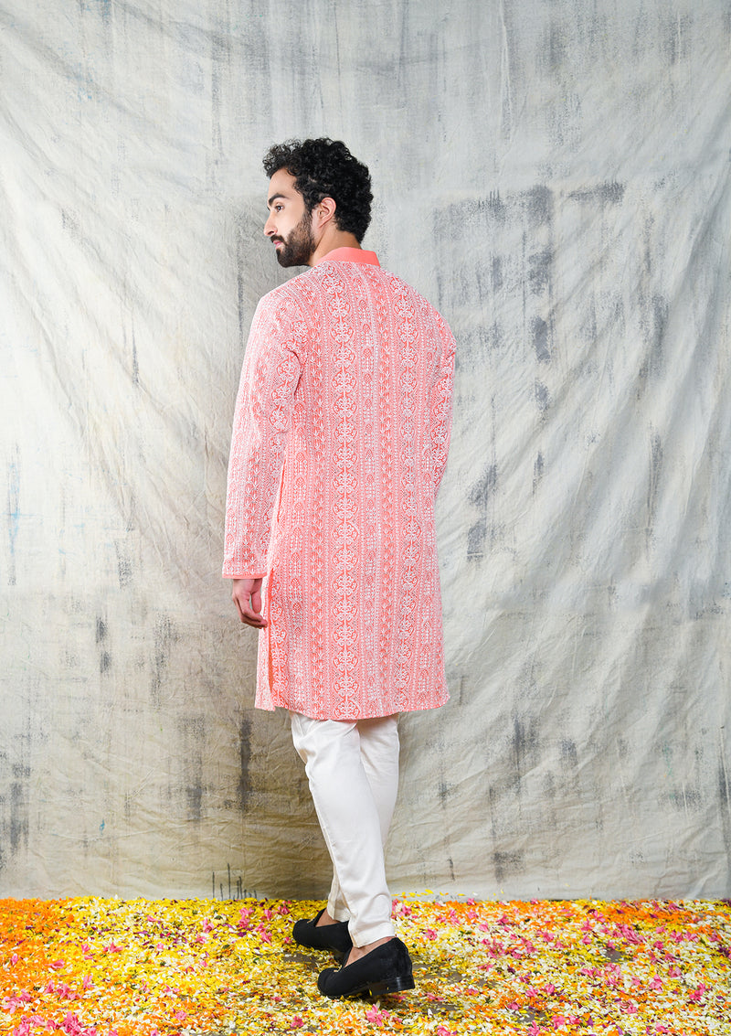 Be Desi pink men's designer kurta with sequins embroidery work