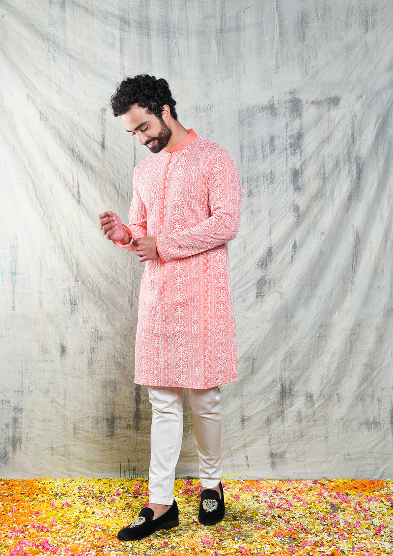 Be Desi pink men's designer kurta with sequins embroidery work