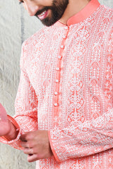 Be Desi Men's Lucknowi Chikan Kurta Pajama Set Pink Color