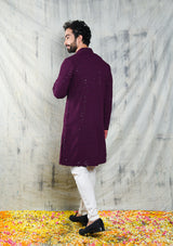 Be Desi Back view of wine embroidered kurta set