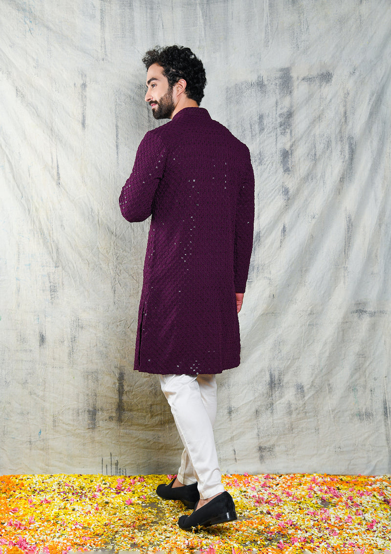 Be Desi Back view of wine embroidered kurta set
