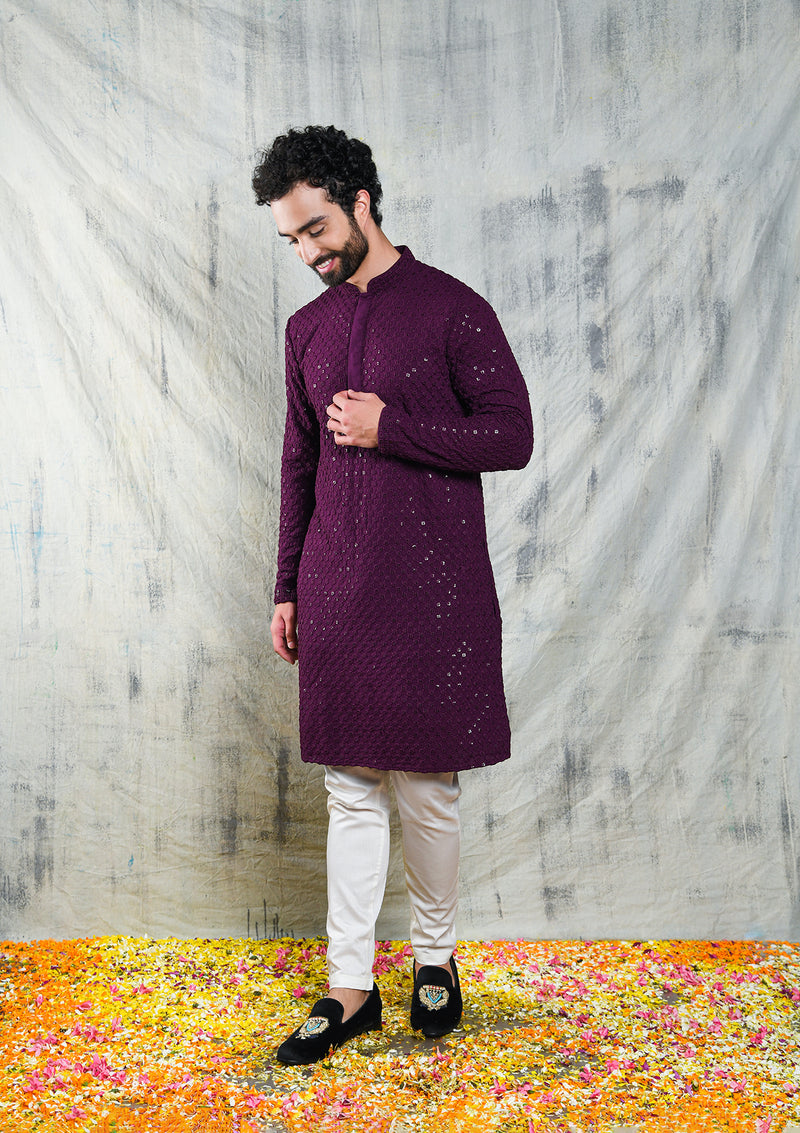 Be Desi Wine chikan work kurta pyjama with sequins embroidery