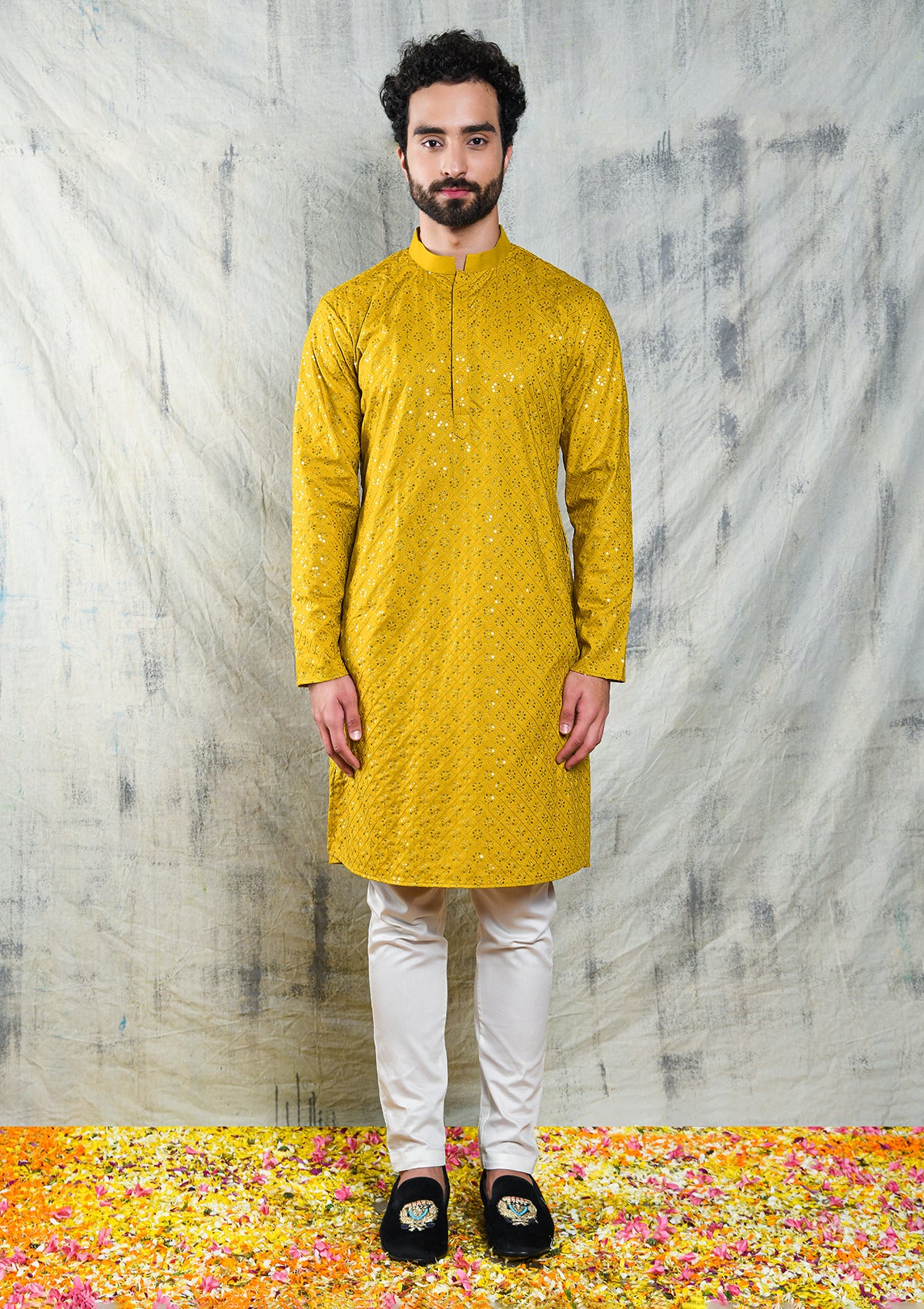 EMBROIDERED MUSTARD YELLOW KURTA PYJAMA SET WITH ALL OVER SEQUIN DESIGN