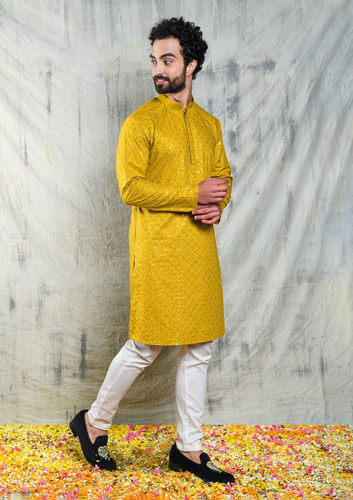 EMBROIDERED MUSTARD YELLOW KURTA PYJAMA SET WITH ALL OVER SEQUIN DESIGN