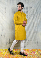 EMBROIDERED MUSTARD YELLOW KURTA PYJAMA SET WITH ALL OVER SEQUIN DESIGN