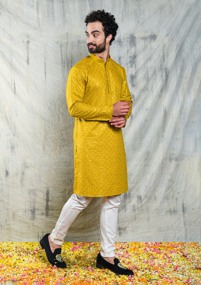 EMBROIDERED MUSTARD YELLOW KURTA PYJAMA SET WITH ALL OVER SEQUIN DESIGN